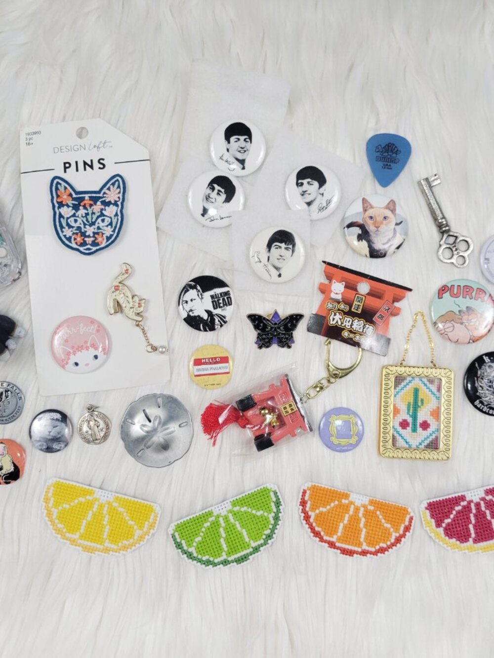 Lot of Buttons Pinback Pins Badges Junk Drawer Lot Beatles Cross Stitch Magnets